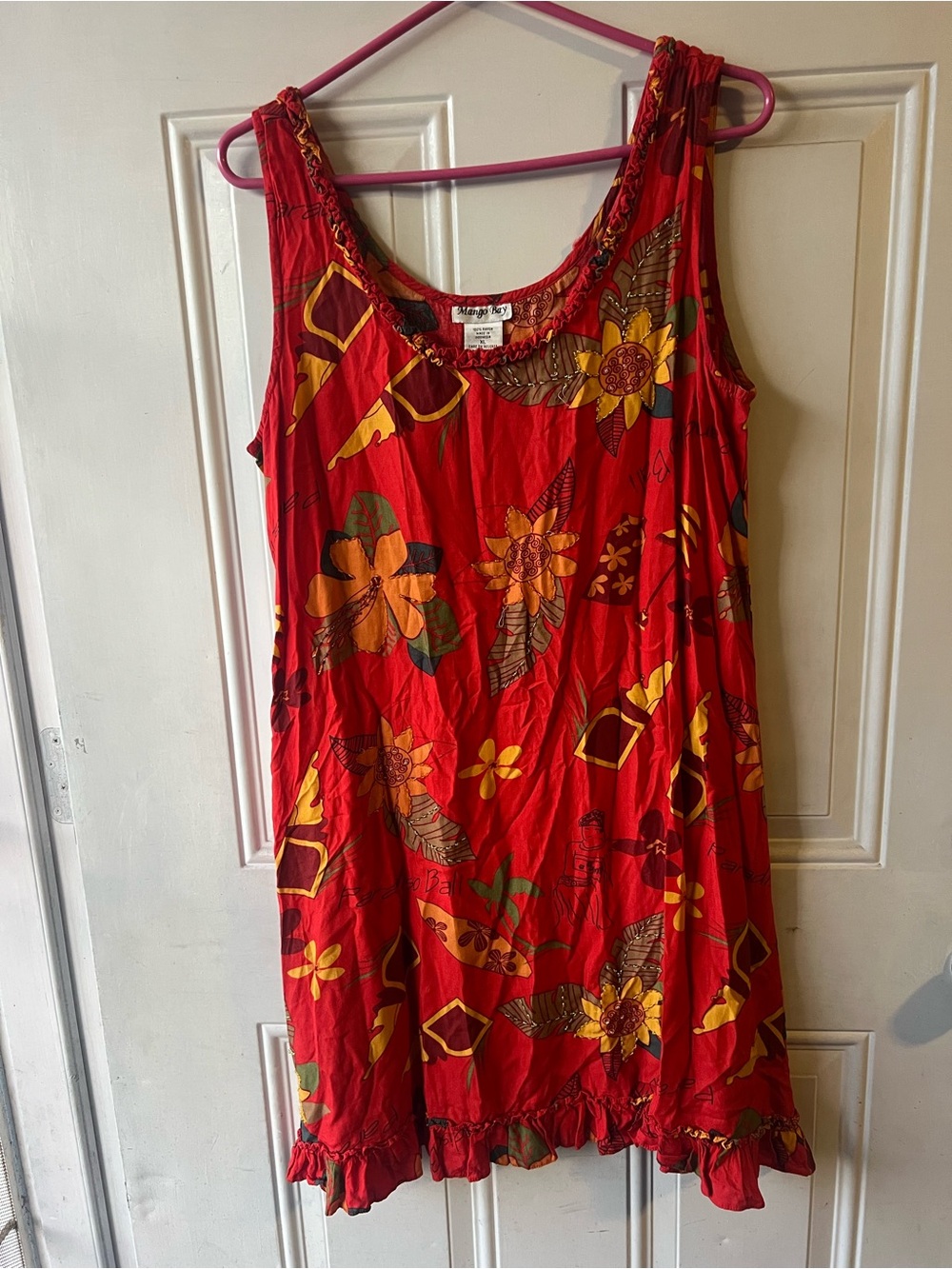 Mango Red Floral Midi Dress with Yellow & Green Accents Vintage